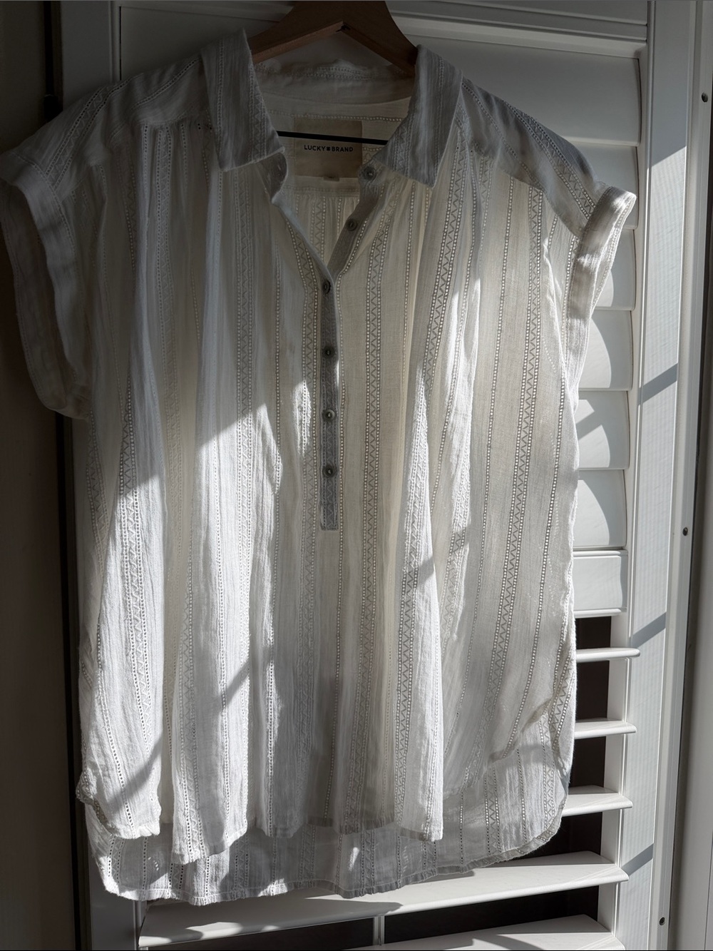 Lucky Brand White Short Sleeve Buttoned Tunic with Lace Stripes